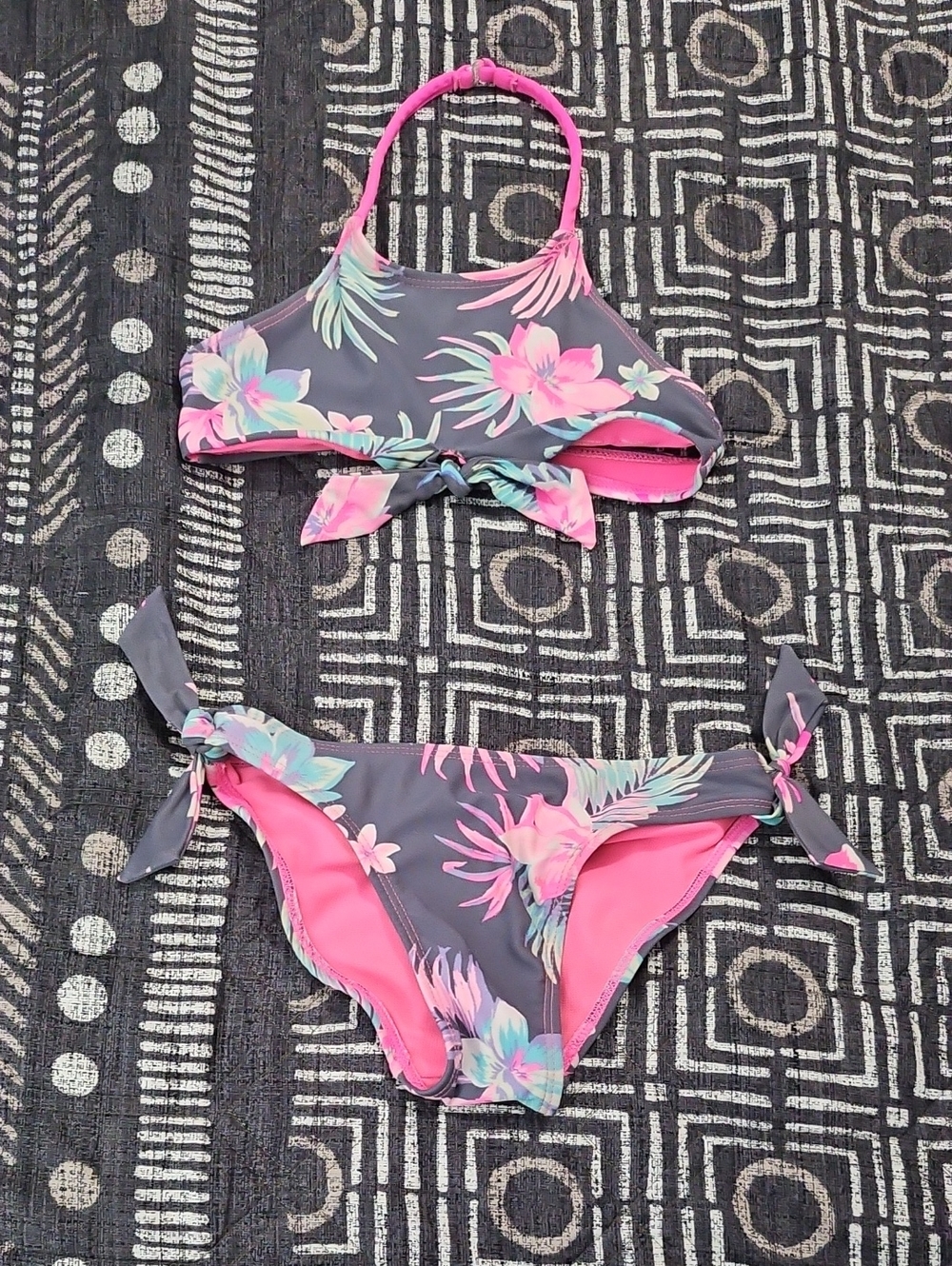 George Girls' Gray Floral Halter Tie-Side Bikini with Pink Accents